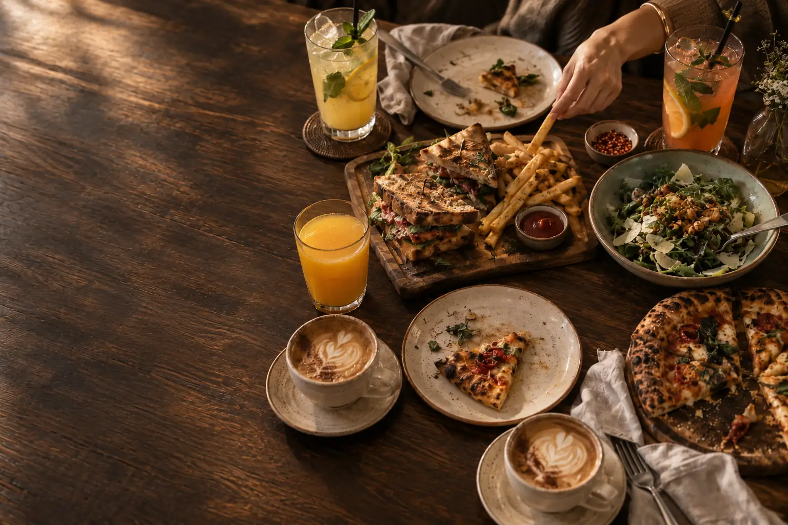 A shared café table with pizza, grilled flatbread, fries and a green salad, alongside iced citrus mocktails, fresh orange juice and two cappuccinos